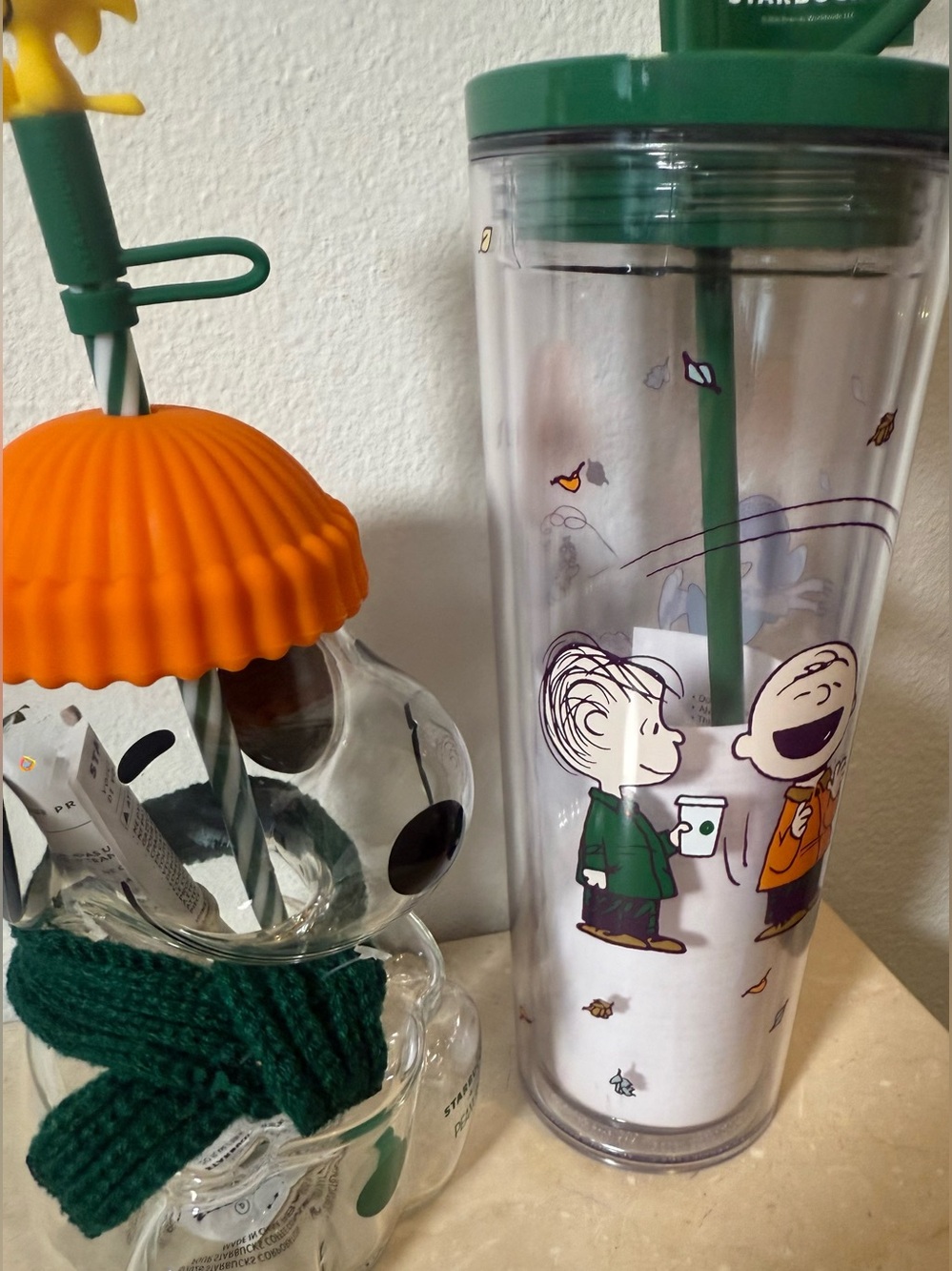 2 Peanuts Starbucks tumblers. Glass Snoopy Cold Cup & Great Pumpkin cold cup